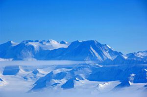 Snowy mountains and a blue sky.