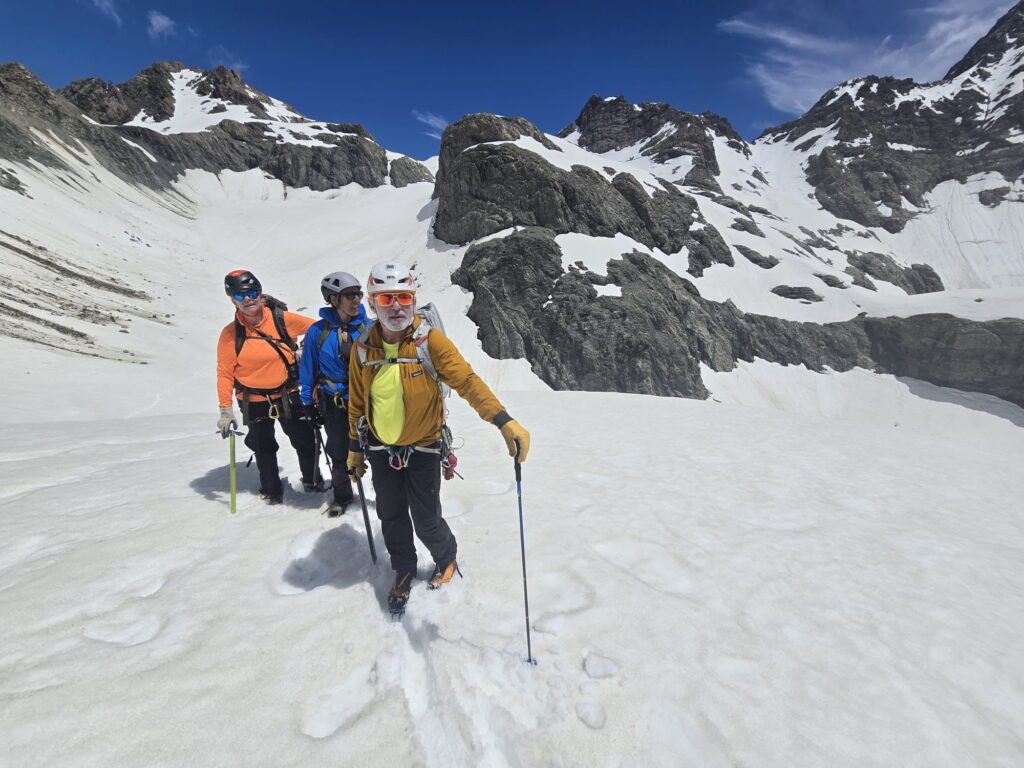 the team hiking in the snow