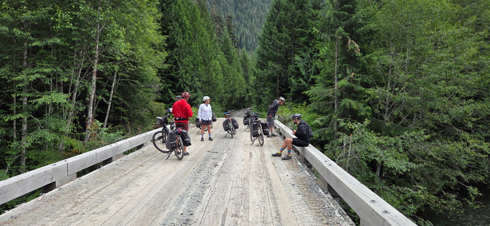 A group of cyclists rests on a wooden bridge surrounded by lush green forest, with bikes leaned against the bridge railing.
